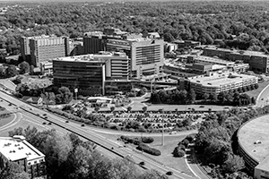 An aerial view of a medical office building.