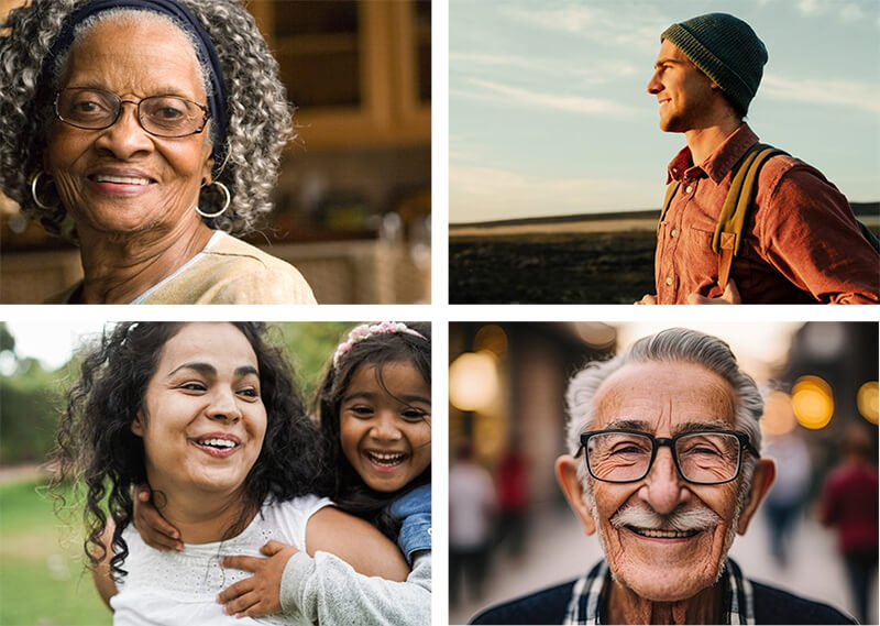 A group of four photos depicting younger and older people.
