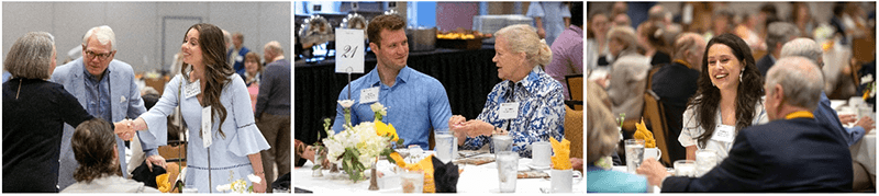 A series of three photos of people mingling at a breakfast table.