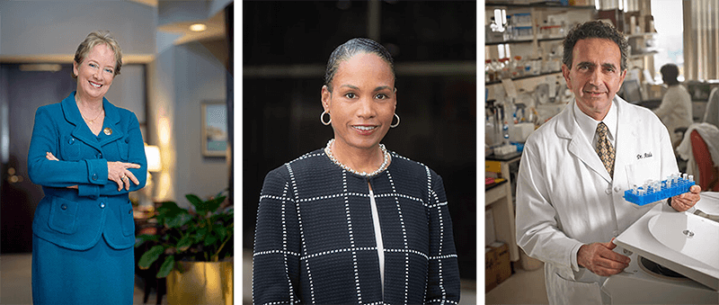 Three headshots in a row of medical professionals.