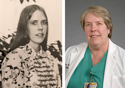 Two photos, one from the 1970s and a current one, of the same woman