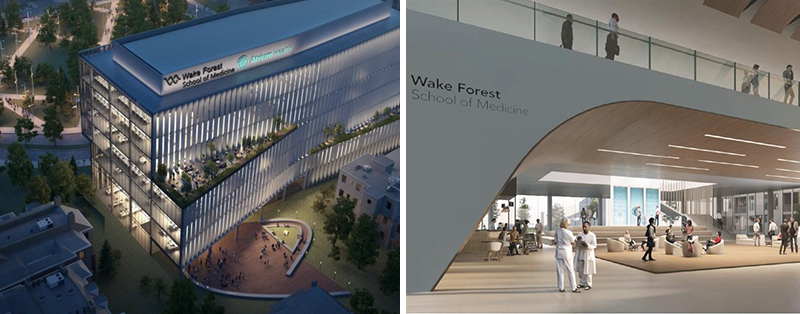 Artist's rendering of possible exterior and interior of Wake Forest School of Medicine's Charlotte campus