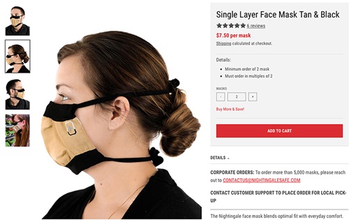 Screenshot of website selling facial masks