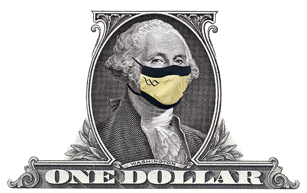 Graphic of George Washington's image from a dollar bill wearing a face mask