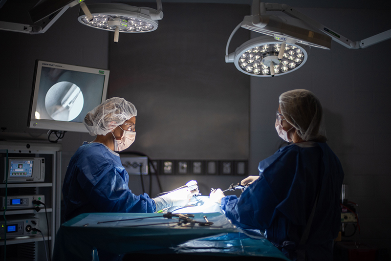 Two figures in blue protective coverings and hair nets perform surgery in a darkened operating room