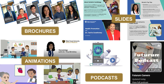 A collection of different images and graphics denoting brochures, slides, animations and podcasts.