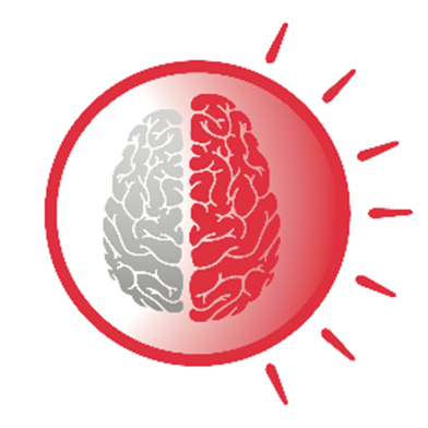 A brain in a red circle with the right side being red and the other gray.