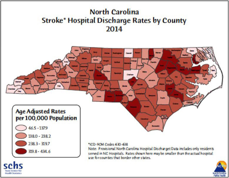 Map of North Carolina with counties in shades of red corresponding to the discharge rates after stroke