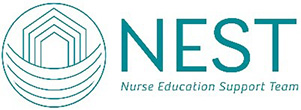 A teal logo for NEST (Nurse Education Support Team).