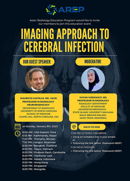 A black flyer with yellow text that lists the 2023 speakers for the Asian Radiology Education Program.