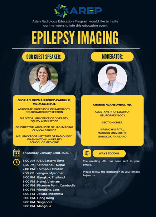 A black flyer with yellow text that list speakers for the Asian Radiology Education Program.
