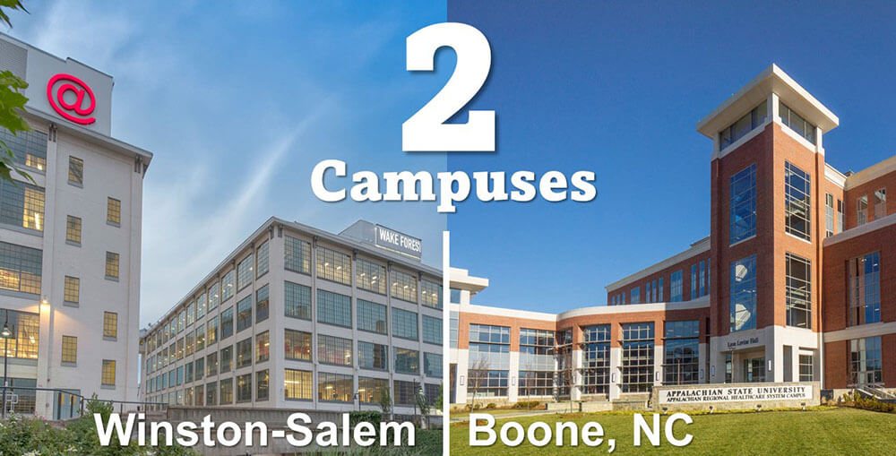 Two photos of the Winston-Salem and Boone Campuses side by side.