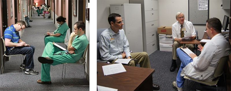 Photo on left shows residents sitting in hallway, waiting; photo on right shows resident in small room with two faculty members