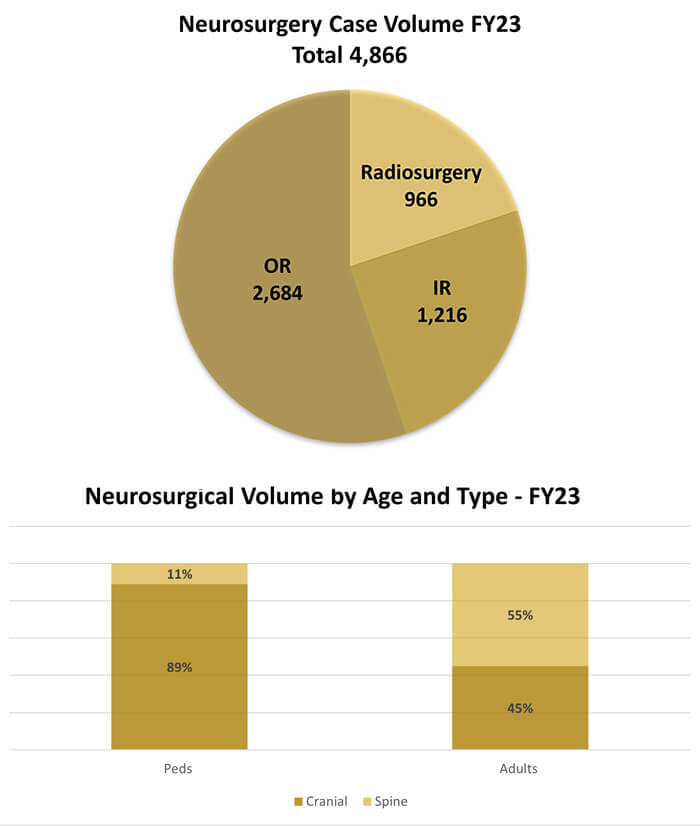 A pie chart and bar graph depicting statistics relating to Neurosurgery case volume for the fiscal year 2023.