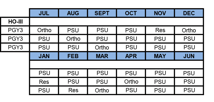 Example block schedule for third-year residents in plastic and reconstructive surgery.