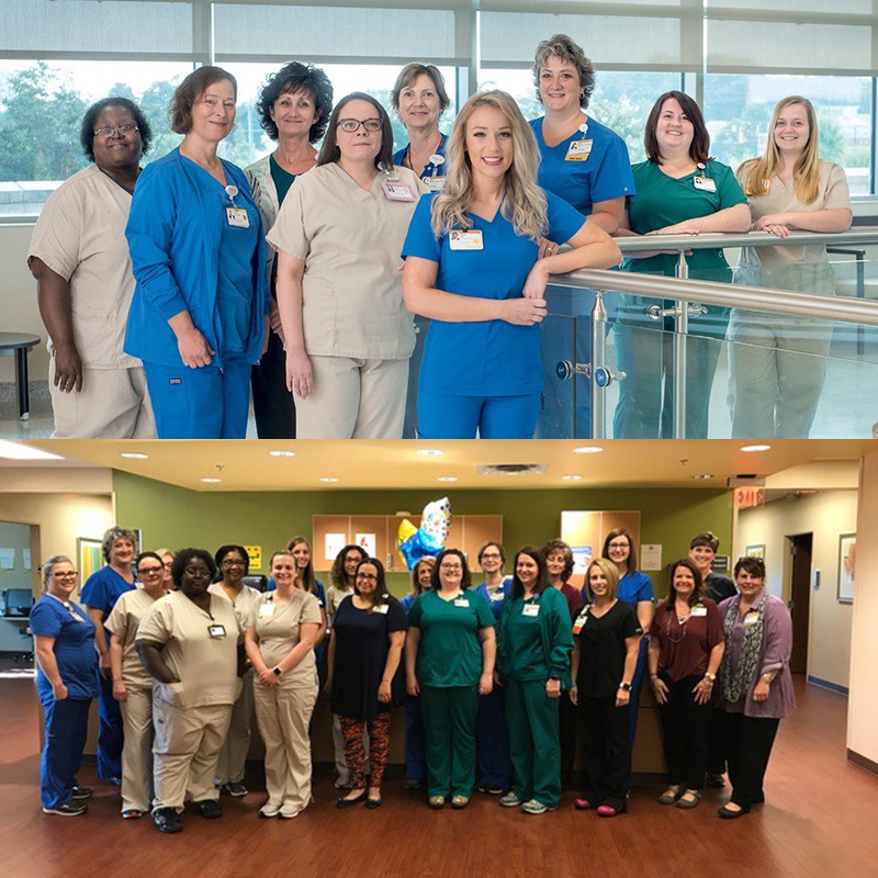 Compilation of two photos: top has nurses and medical staff in well-lit glass hallway or atrium, bottom has nurses and medical staff in front of nurses station