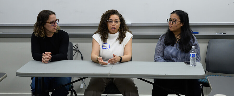 Emily Griffith, PhD (North Carolina State University), Amy Zinnia, BS (Wake Forest University School of Medicine), and Portia Exum, MS (SAS) sharing their education background with students.