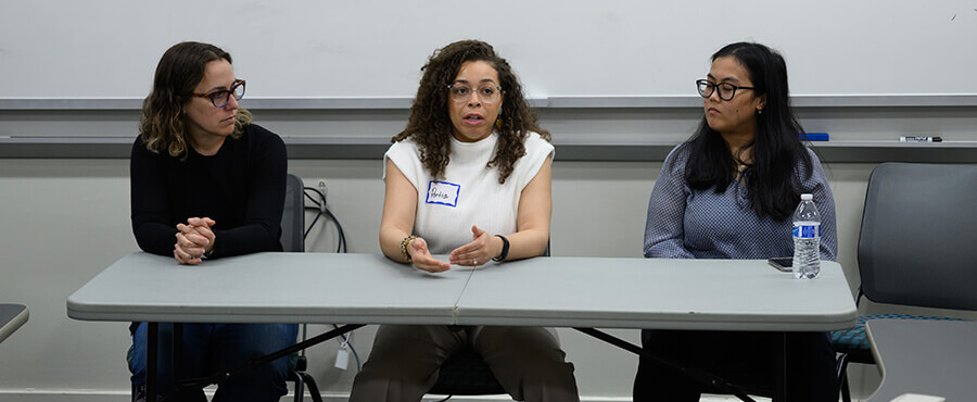 Emily Griffith, PhD (North Carolina State University), Amy Zinnia, BS (Wake Forest University School of Medicine), and Portia Exum, MS (SAS) sharing their education background with students.