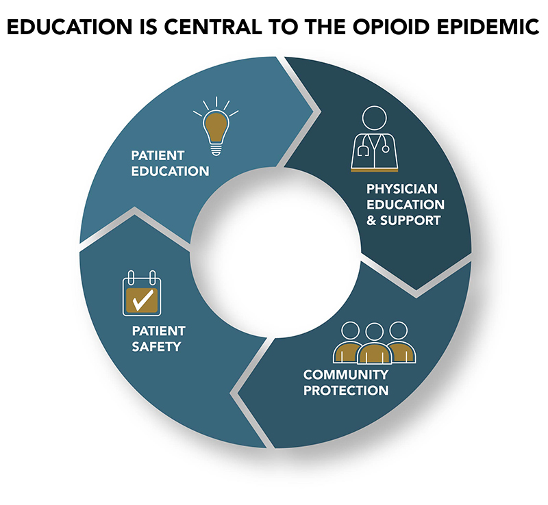 Circular graphic in shades of teal with four panels: Physician Education and Support, Community Protection, Patient Safety, Patient Education