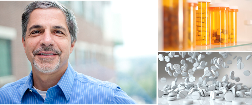 Collage of three photos: small, white, round pills cascading onto a slick surface; prescription medicine bottles lined up in a medicine chest; and Michael Nader, PhD, professor of physiology and pharmacology at Wake Forest School of Medicine