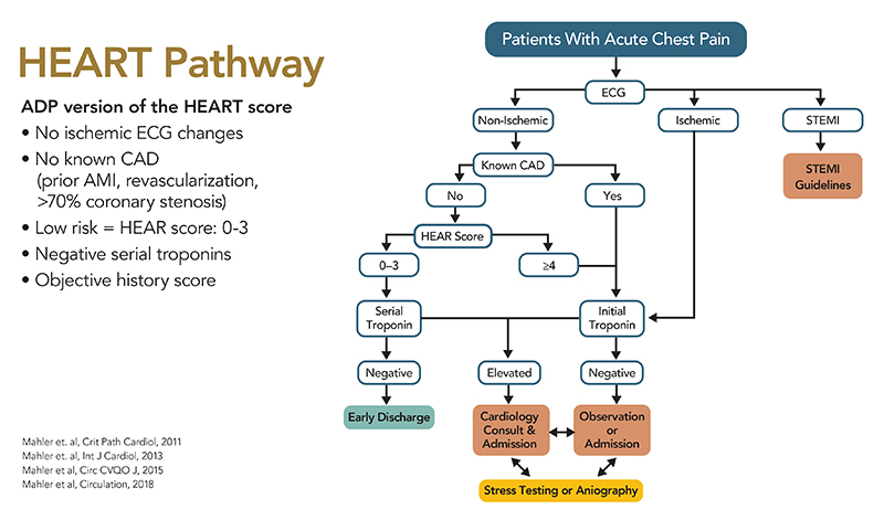 Flow chart showing paths of treatment for patients with chest pain according to HEART Pathway