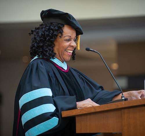 PA Class of 2019 Keynote speaker, Dr. Peggy Valentine, at the podium