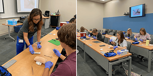 Two pictures side-by-side of students learning in a classroom.