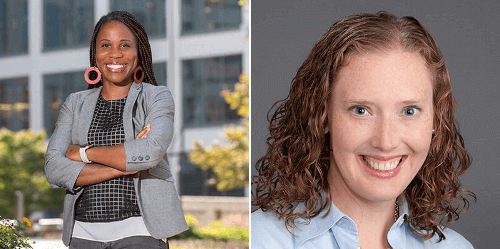 Two pictures side-by-side of women smiling at the camera.