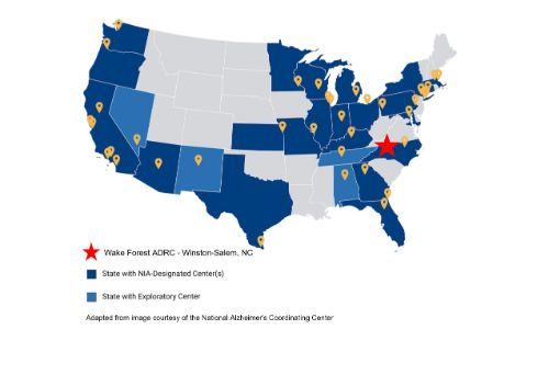 Map of ADCs in United States with Wake Forest ADRCs.