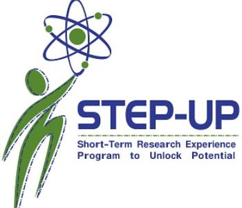 Logo of cartoon green person holding atom with Short-Term Research Experience Program to Unlock Potential (STEP-UP).
