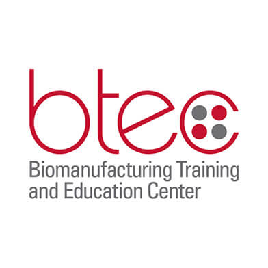 A red and black text logo for Biomanufacturing Training and Education Center.