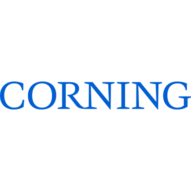 A blue text logo for Corning.