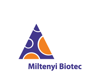 A blue and orange pyramid above blue lettering that reads "Miltenyi Biotec."