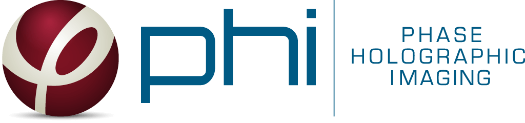 A maroon, teal and white logo that reads PHI Phase Holographic Imaging.