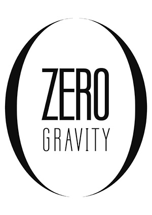 A black and white circle that reads Zero Gravity in the middle.