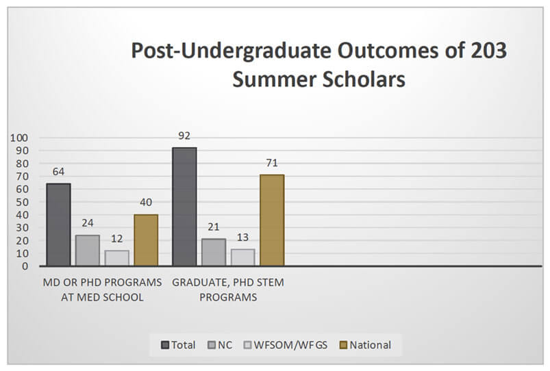 A bar graph showing the outcomes of 203 participants in the Summer Scholars program.