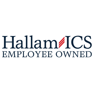 A blue and red text logo for Hallam ICS.