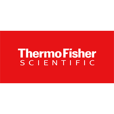 A white text logo on a red background that says "ThermoFisher Scientific".