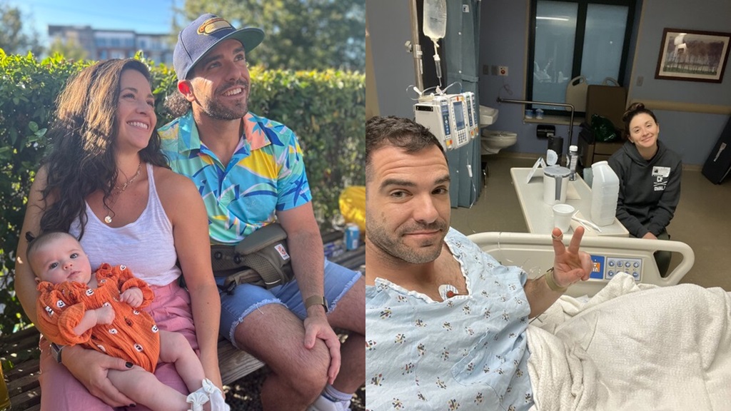 Man with his family on the left, and in a hospital bed on the right