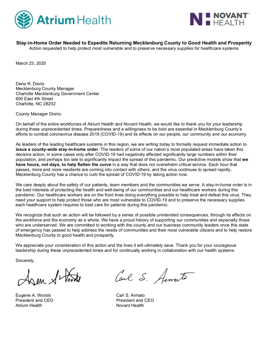 Stay-in-Home Order Needed to Expedite Returning Mecklenburg County to Good Health and Prosperity