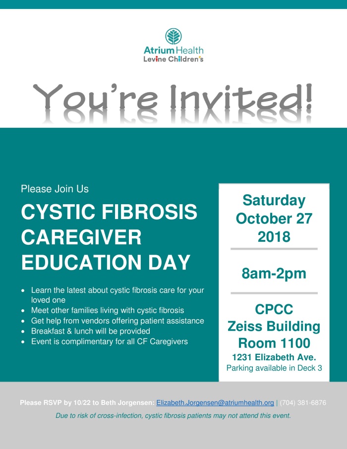 You're invited! Please join us for Cystic Fibrosis Caregiver Education Day on Saturday, October 27, 2018. 