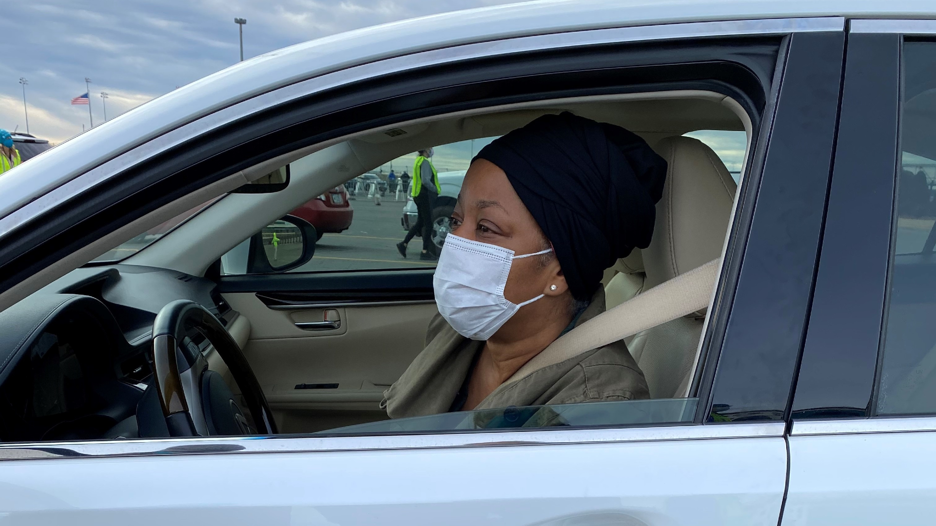 Cynthia Clarke received her first dose of the COVID-19 vaccine at Charlotte Motor Speedway at its first mass vaccination event