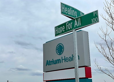 Atrium Health Union West Healing Way street sign 