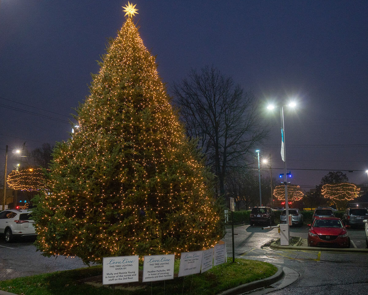 The lit-up Christmas tree for the LoveLine Tree-Lighting Celebration of Life at Atrium Health Wake Forest Baptist High Point Medical Center.