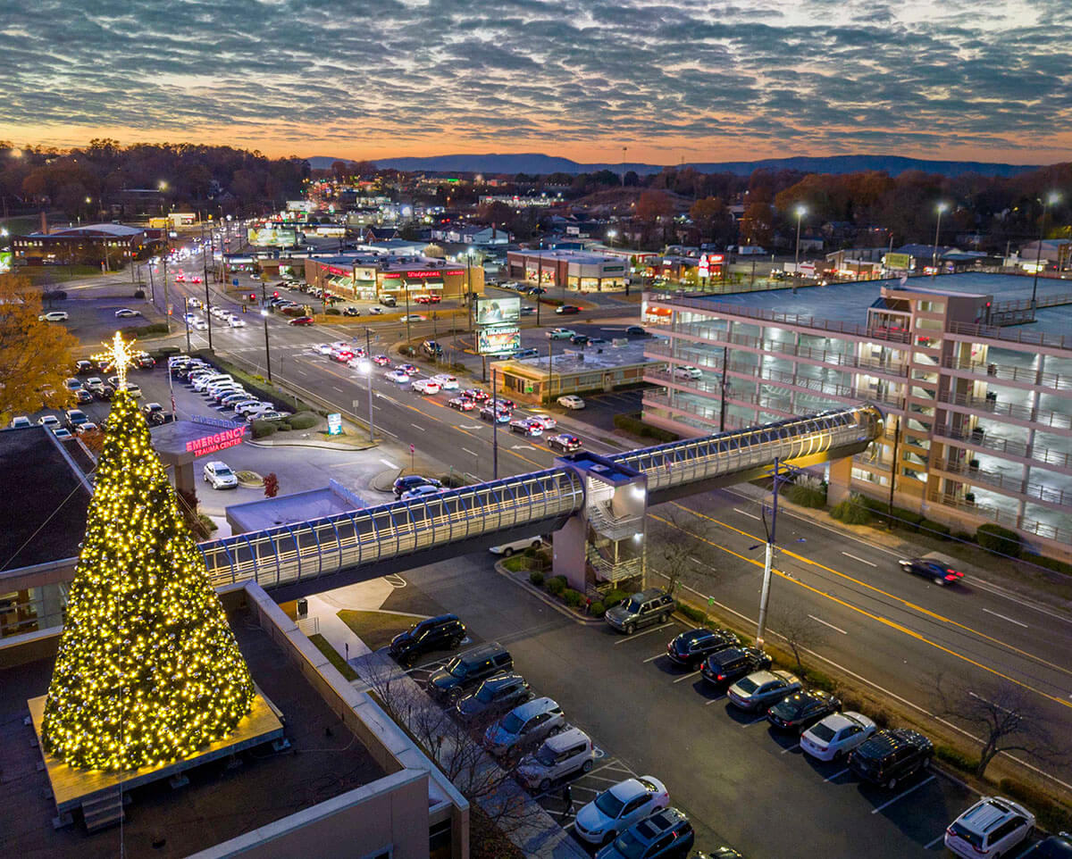 an overhead shot of Atrium Health Floyd featuring the tree used for the Love Light Tree Lighting tradition.