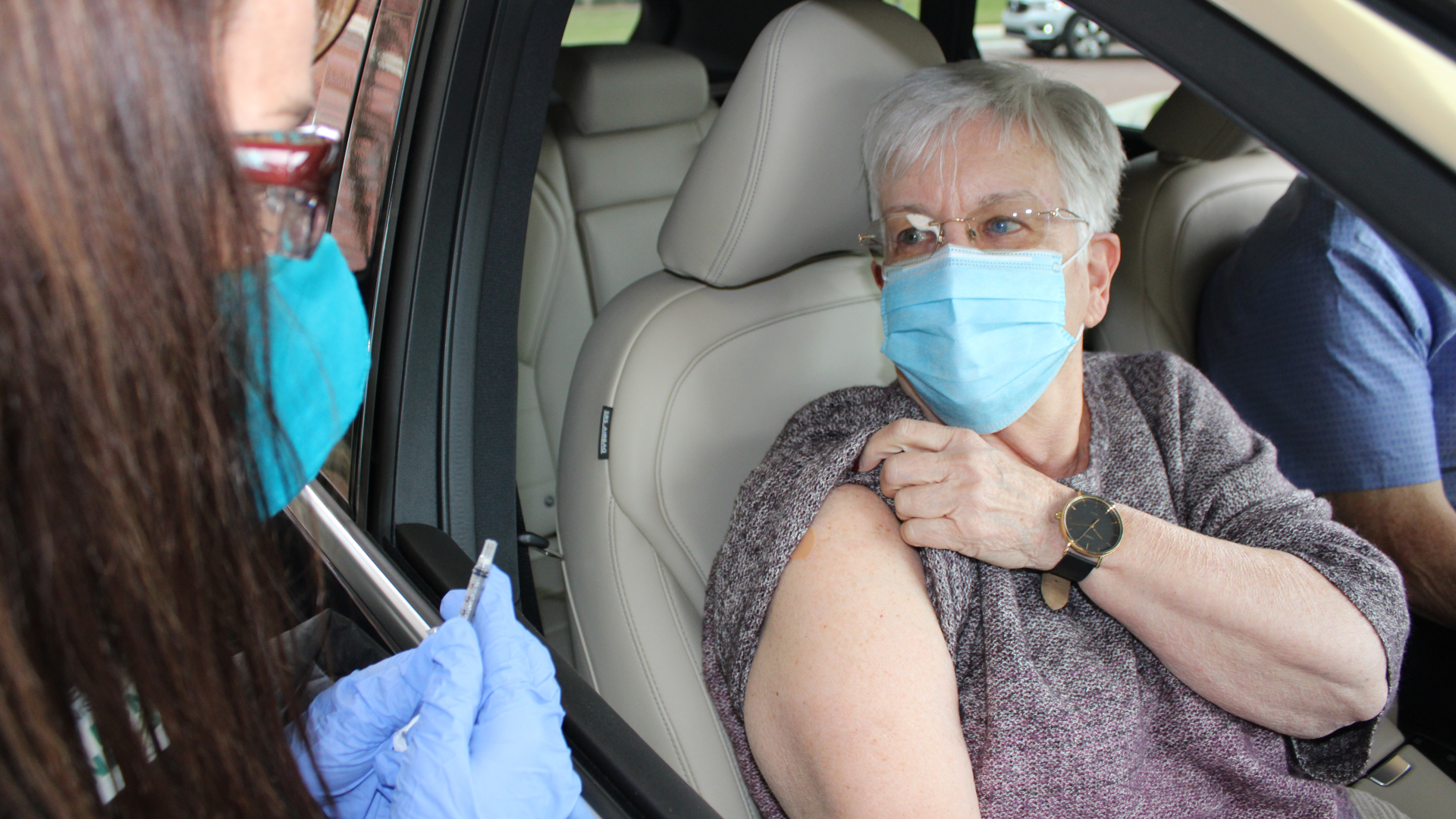 Phyllis Stratton receives her first dose of the COVID-19 vaccine at Atrium Health Lincoln