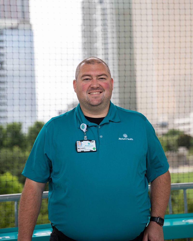 Michael Weber, an EMT with Atrium Health event medicine, at the Charlotte Knights stadium.