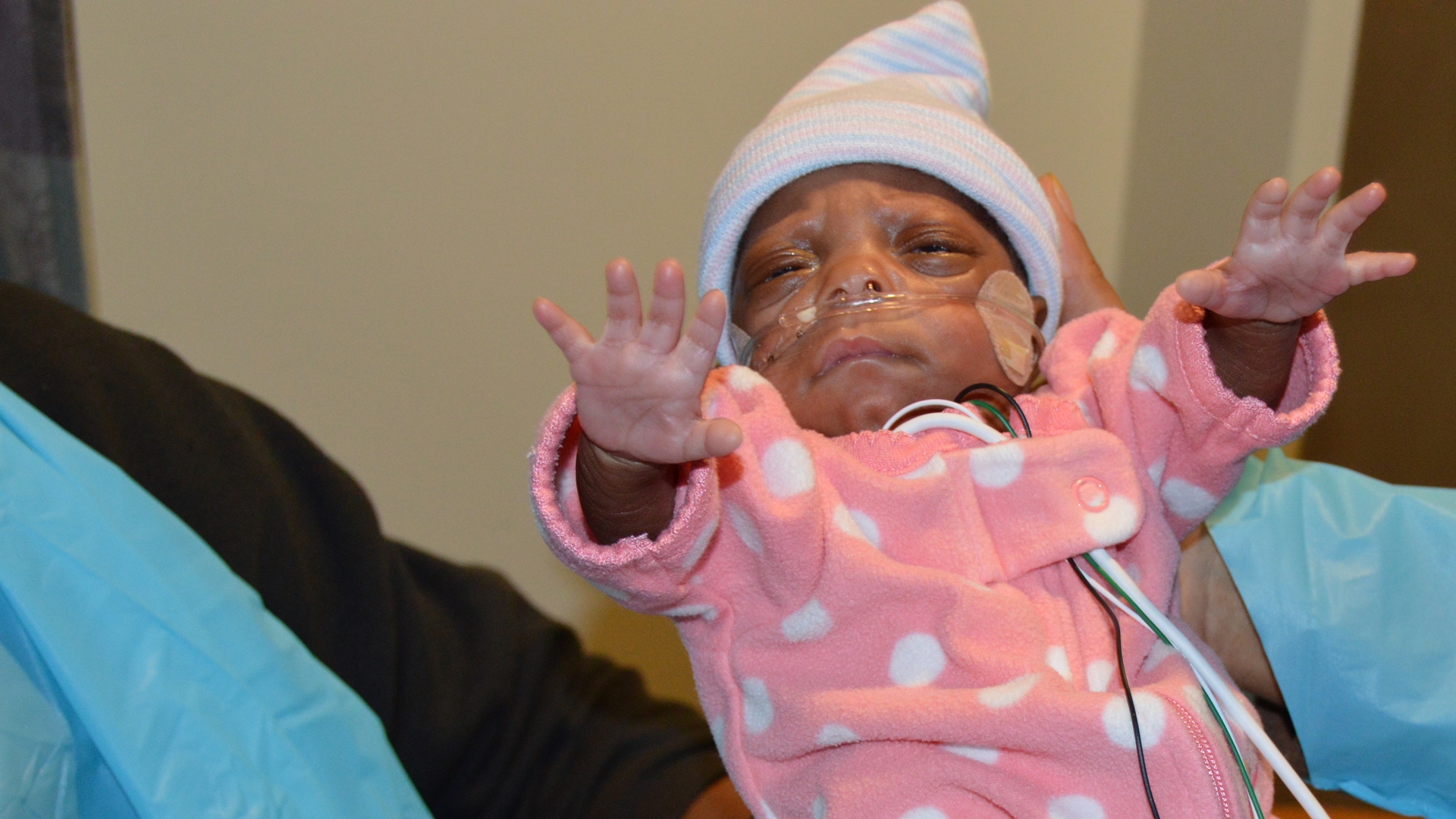 Baby E'Layah, born in September 2015,  spent nearly 20 weeks at Levine Children's Hospital before being cleared to go home in February 2016. She was one of the smallest surviving babies ever cared for at Levine Children's Hospital. 
