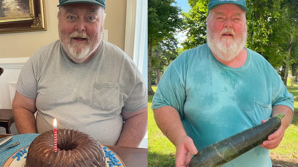 Two photos side by side, one showing a man with a birthday cake, the other showing a man holding garden produce.