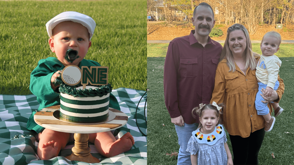 A collage of a young boy and little girl being held by their parents on the right and a young boy sitting behind a cake on the right.